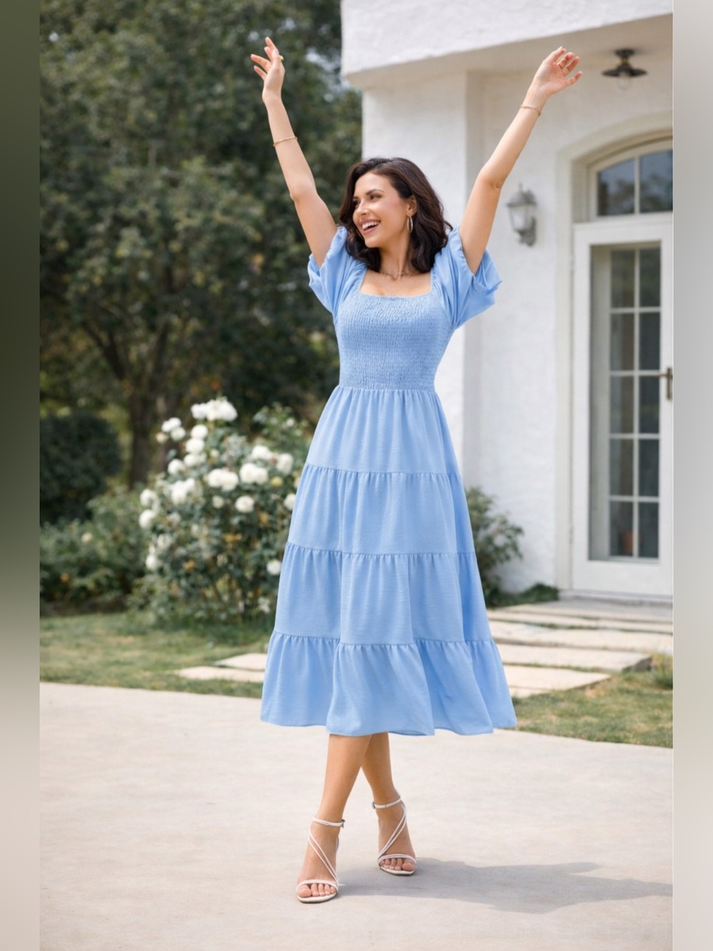 PRETTYGARDEN Blue Tiered Smocked Midi Dress Large Puff Sleeve Cottagecore - Picture 10 of 12